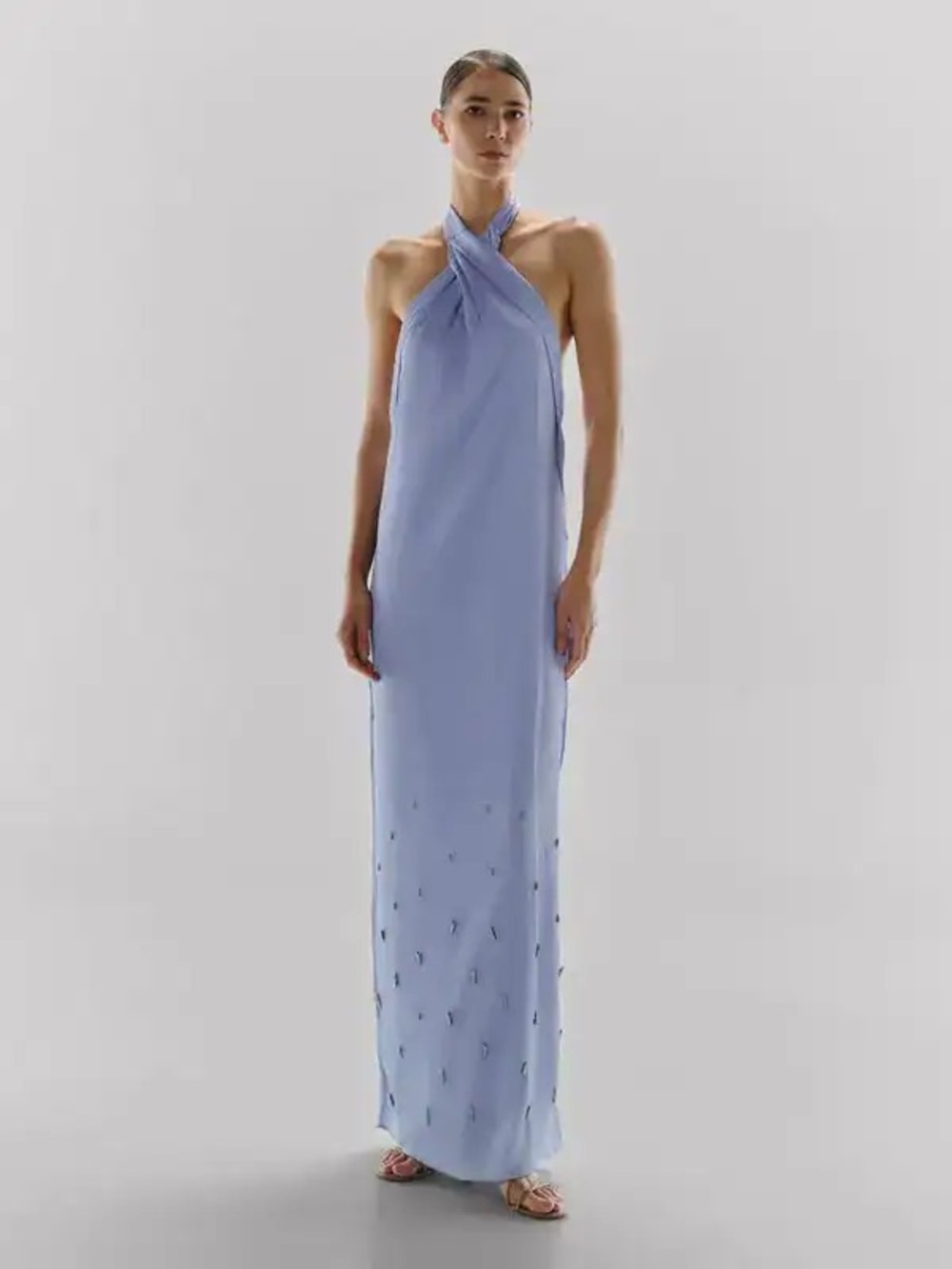 Baobab Amorino Sleeveless Halter Maxi Long Beaded Dress Lilac Blue Small NEW